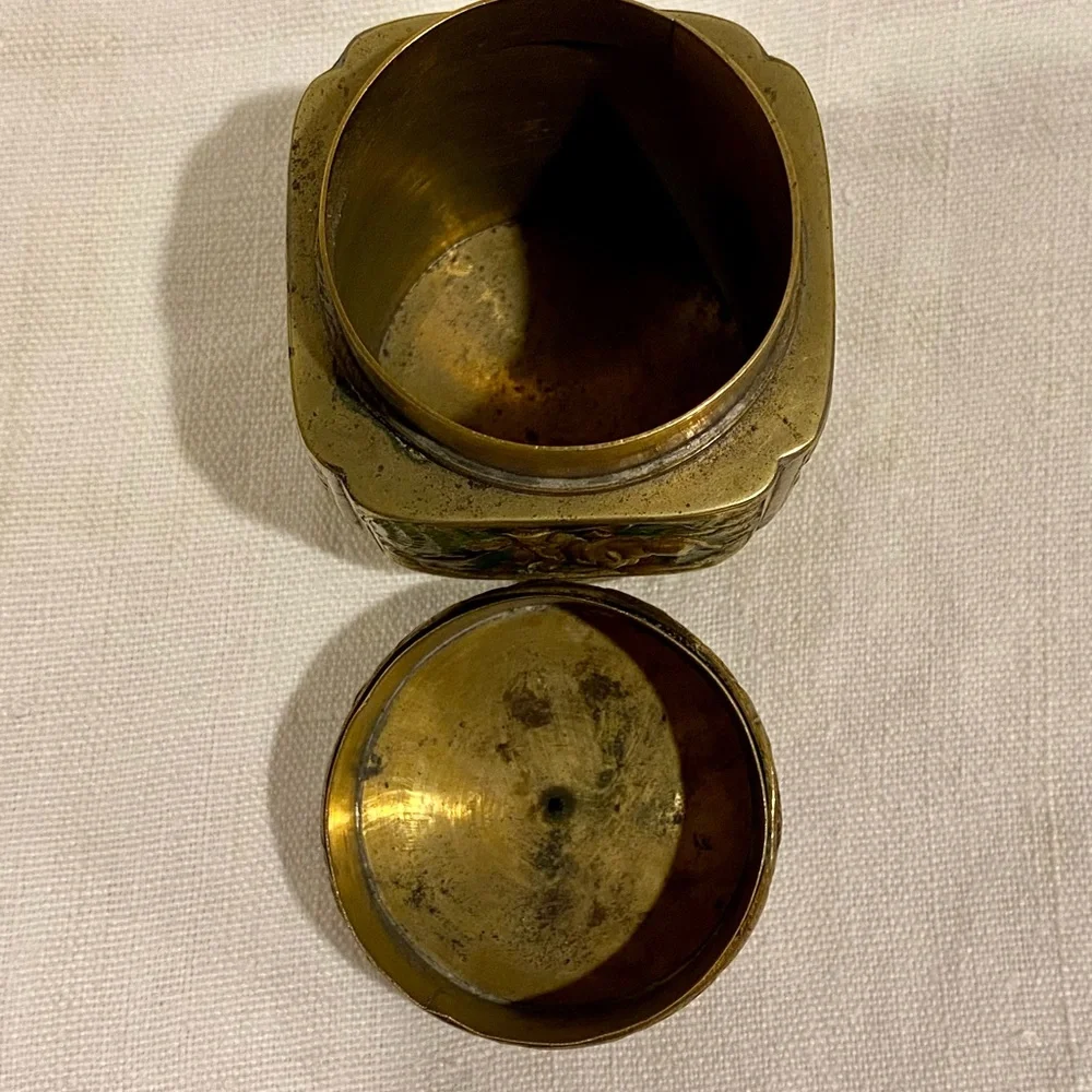 Vintage Chinese brass tea caddy - trinket box - enameled imagery